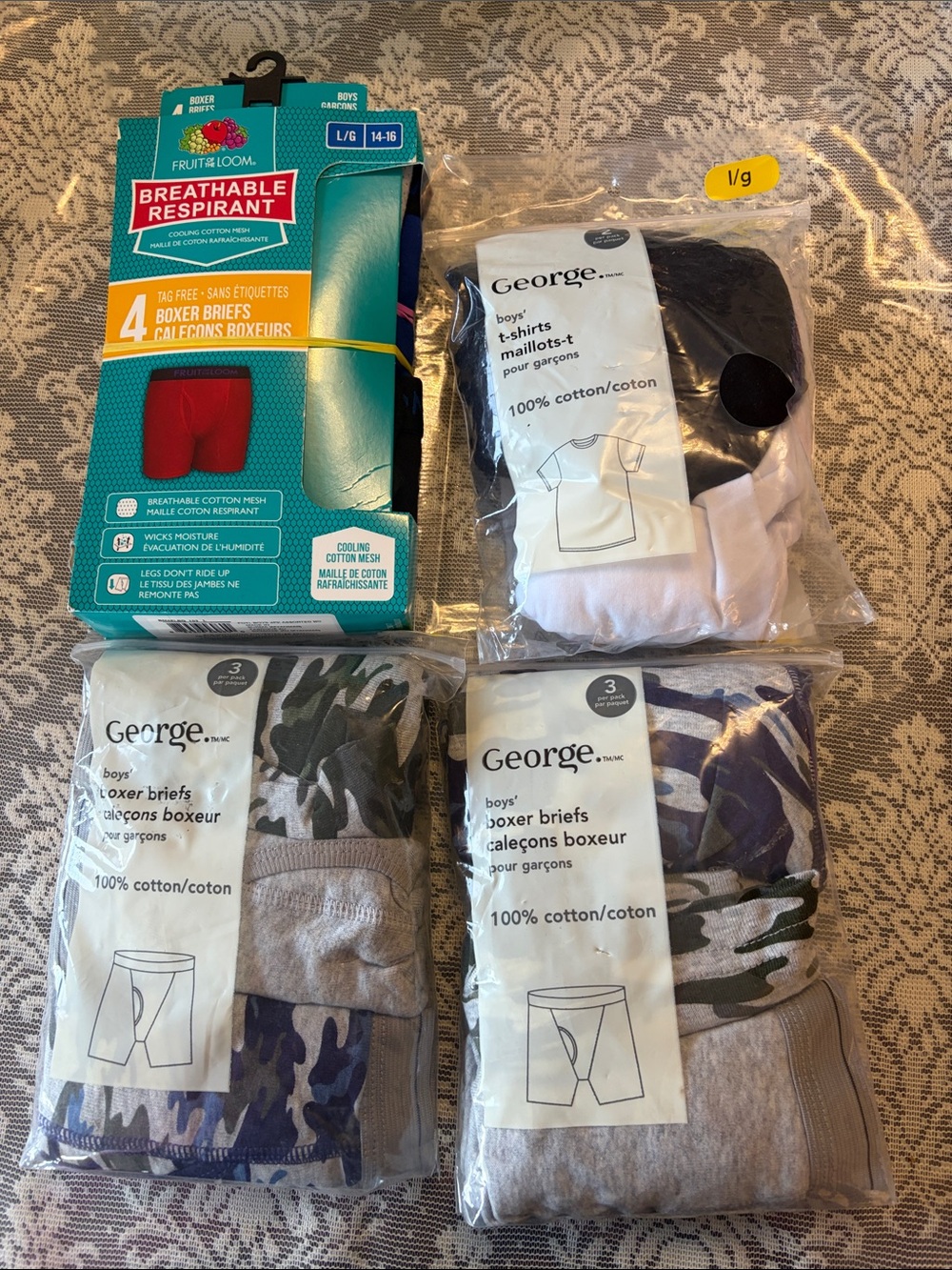 George Boys' Boxer Briefs & T-Shirts Pack - Black, White, Gray, Camouflage